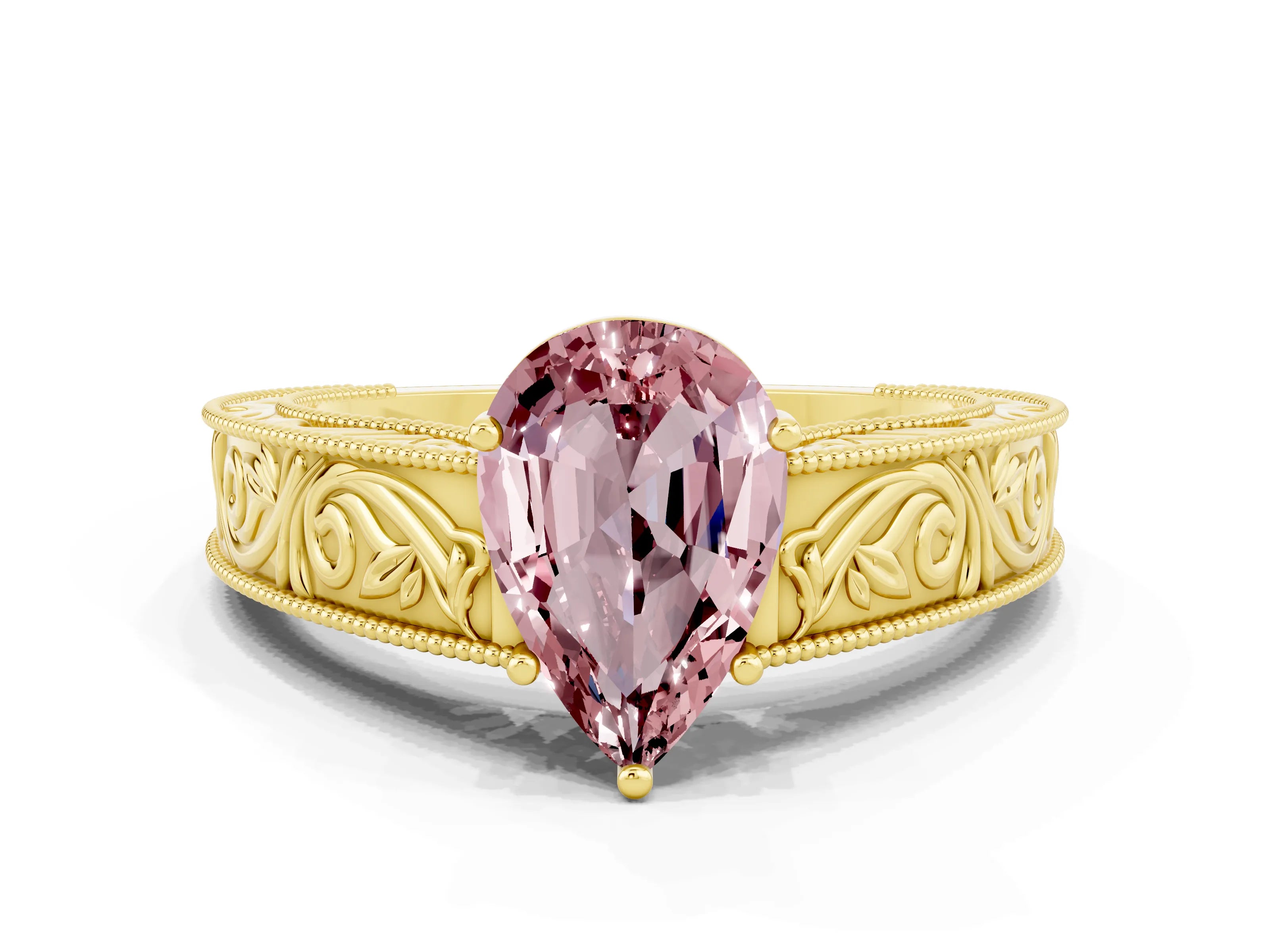 Yellow gold Pear Cut Morganite Solitaire Ring with Engraved Band and Four-Prong Setting