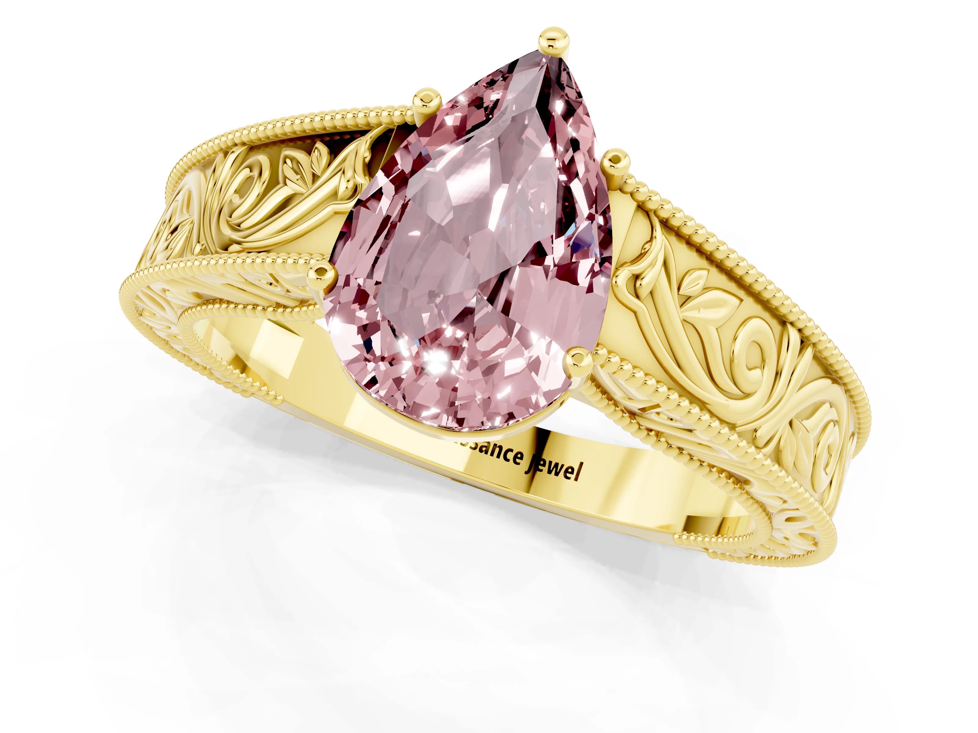Yellow gold Pear Cut Morganite Solitaire Ring with Engraved Band and Four-Prong Setting_1