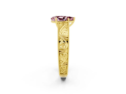 Yellow gold Pear Cut Morganite Solitaire Ring with Engraved Band and Four-Prong Setting_2