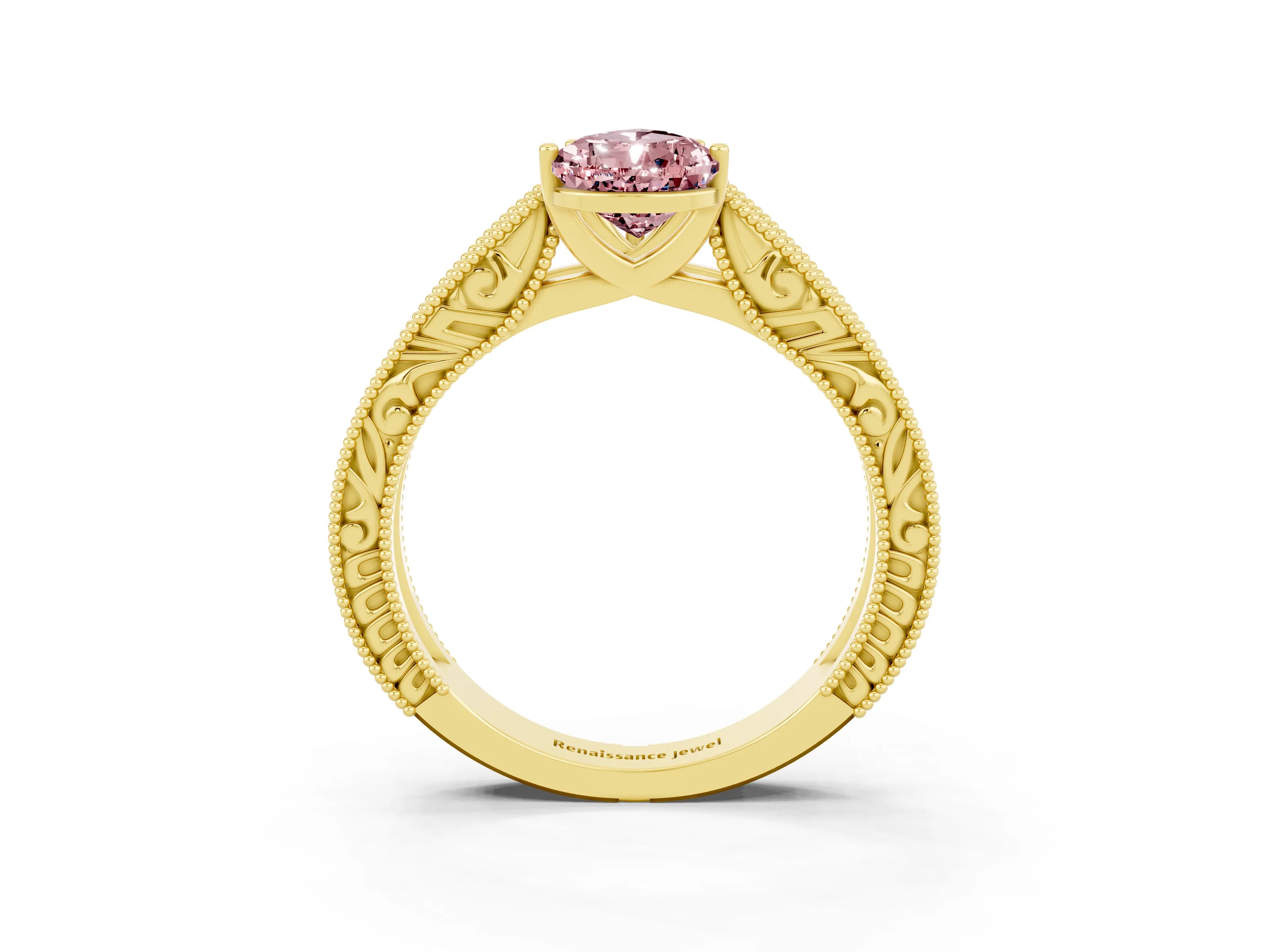 Yellow gold Pear Cut Morganite Solitaire Ring with Engraved Band and Four-Prong Setting_3