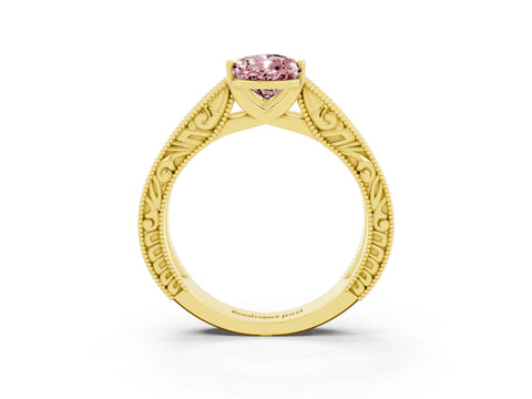 Yellow gold Pear Cut Morganite Solitaire Ring with Engraved Band and Four-Prong Setting_3