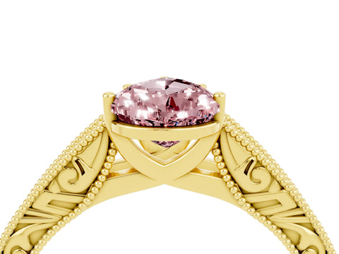 Yellow gold Pear Cut Morganite Solitaire Ring with Engraved Band and Four-Prong Setting_4