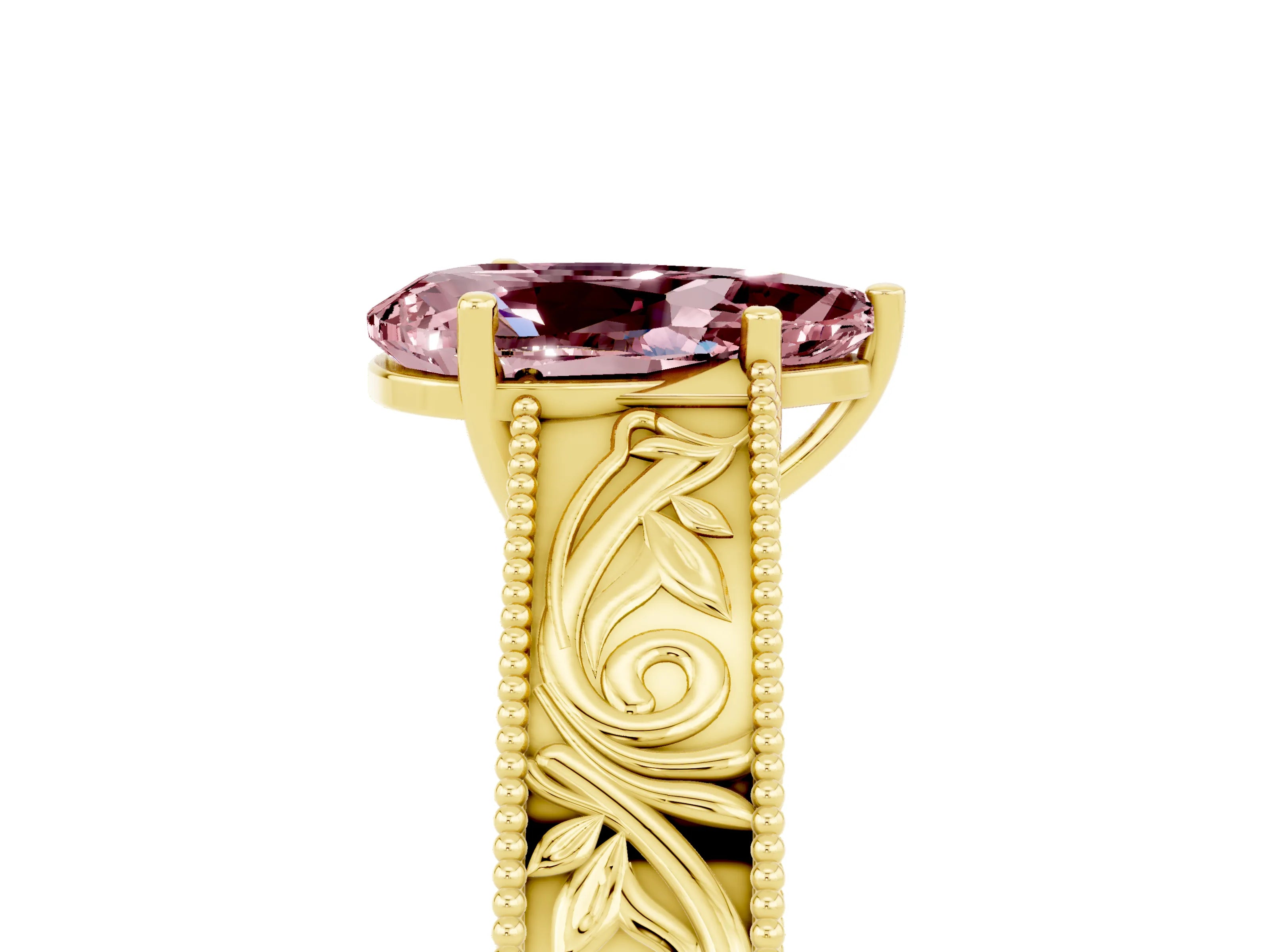 Yellow gold Pear Cut Morganite Solitaire Ring with Engraved Band and Four-Prong Setting_5