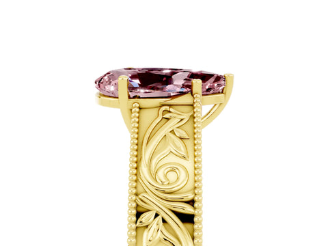 Yellow gold Pear Cut Morganite Solitaire Ring with Engraved Band and Four-Prong Setting_5