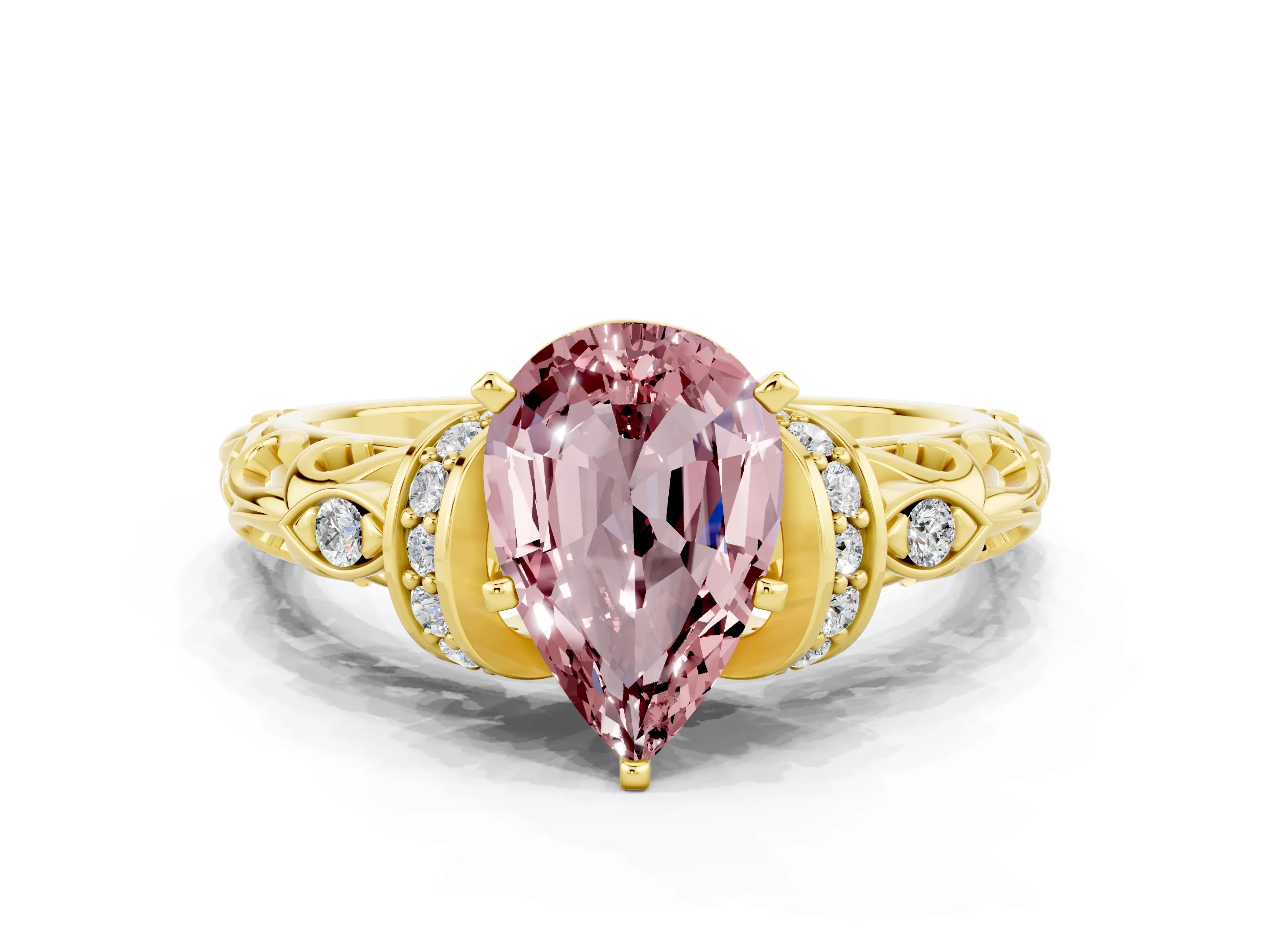 Yellow gold Pear Cut Morganite Solitaire Ring with Filigree Band and Four-Prong Setting_24