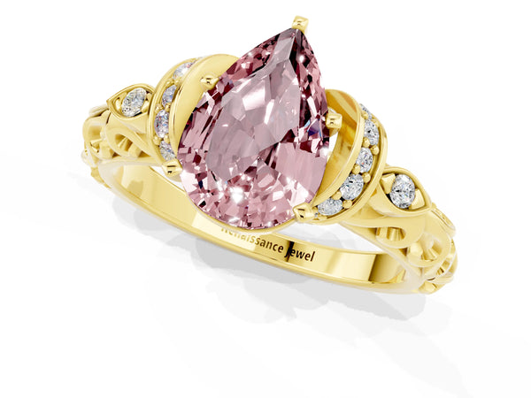 Yellow gold Pear Cut Morganite Solitaire Ring with Filigree Band and Four-Prong Setting
