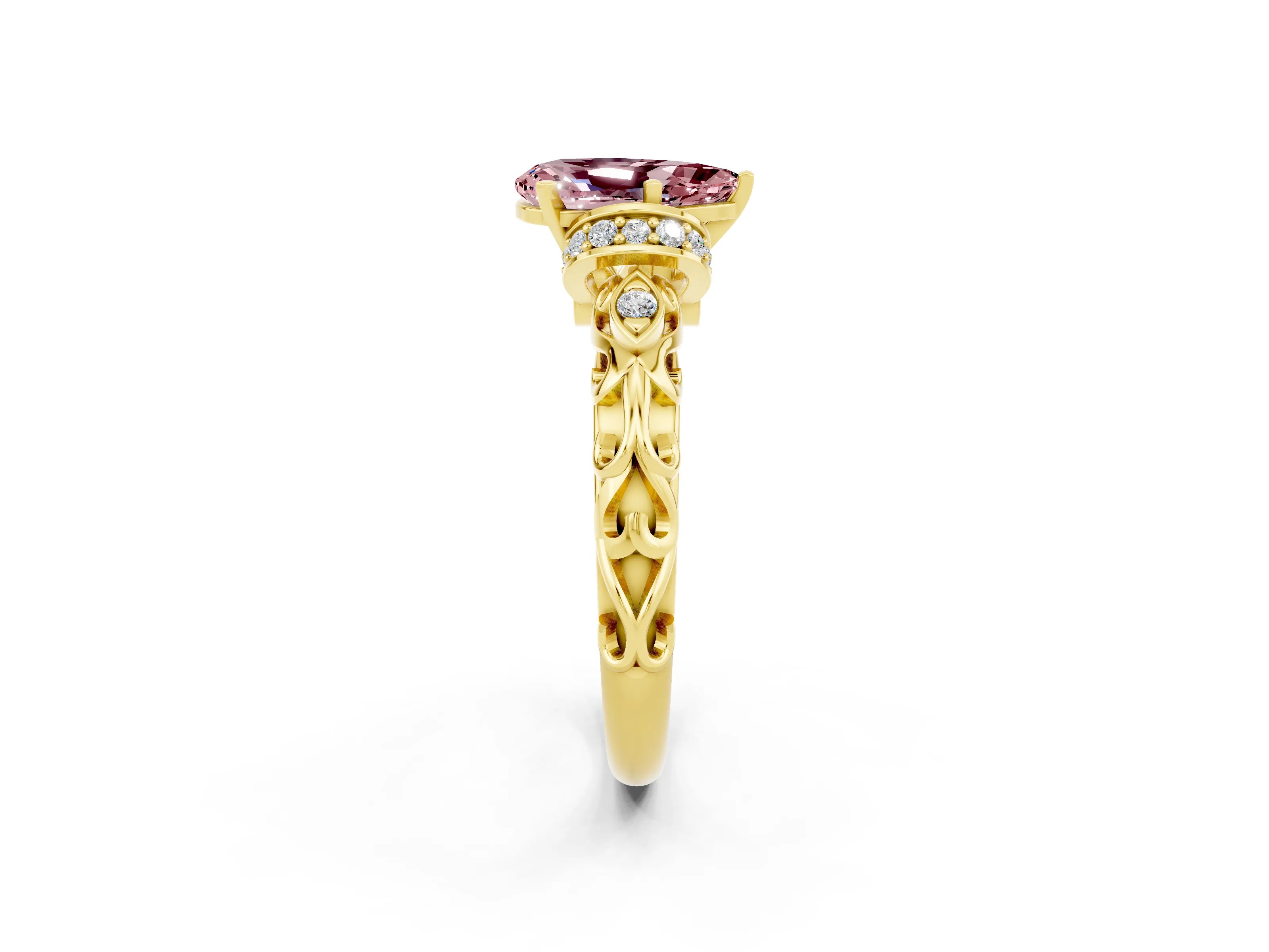 Yellow gold Pear Cut Morganite Solitaire Ring with Filigree Band and Four-Prong Setting_26