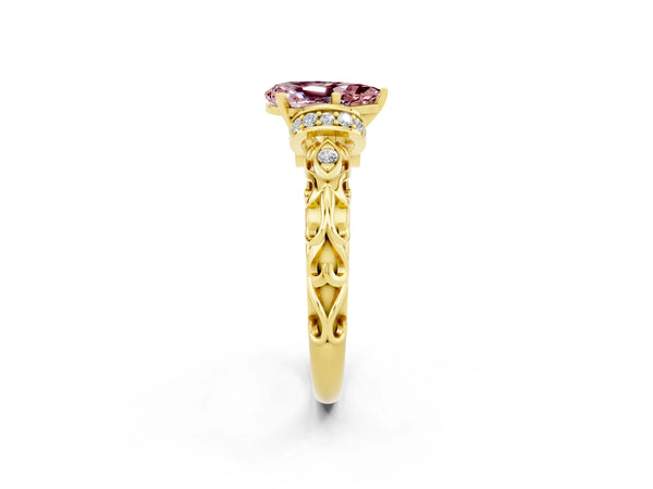 Yellow gold Pear Cut Morganite Solitaire Ring with Filigree Band and Four-Prong Setting