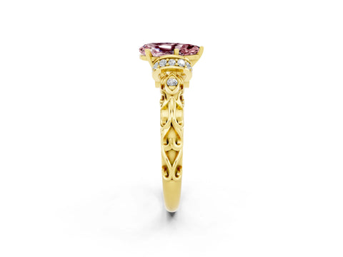 Yellow gold Pear Cut Morganite Solitaire Ring with Filigree Band and Four-Prong Setting_26