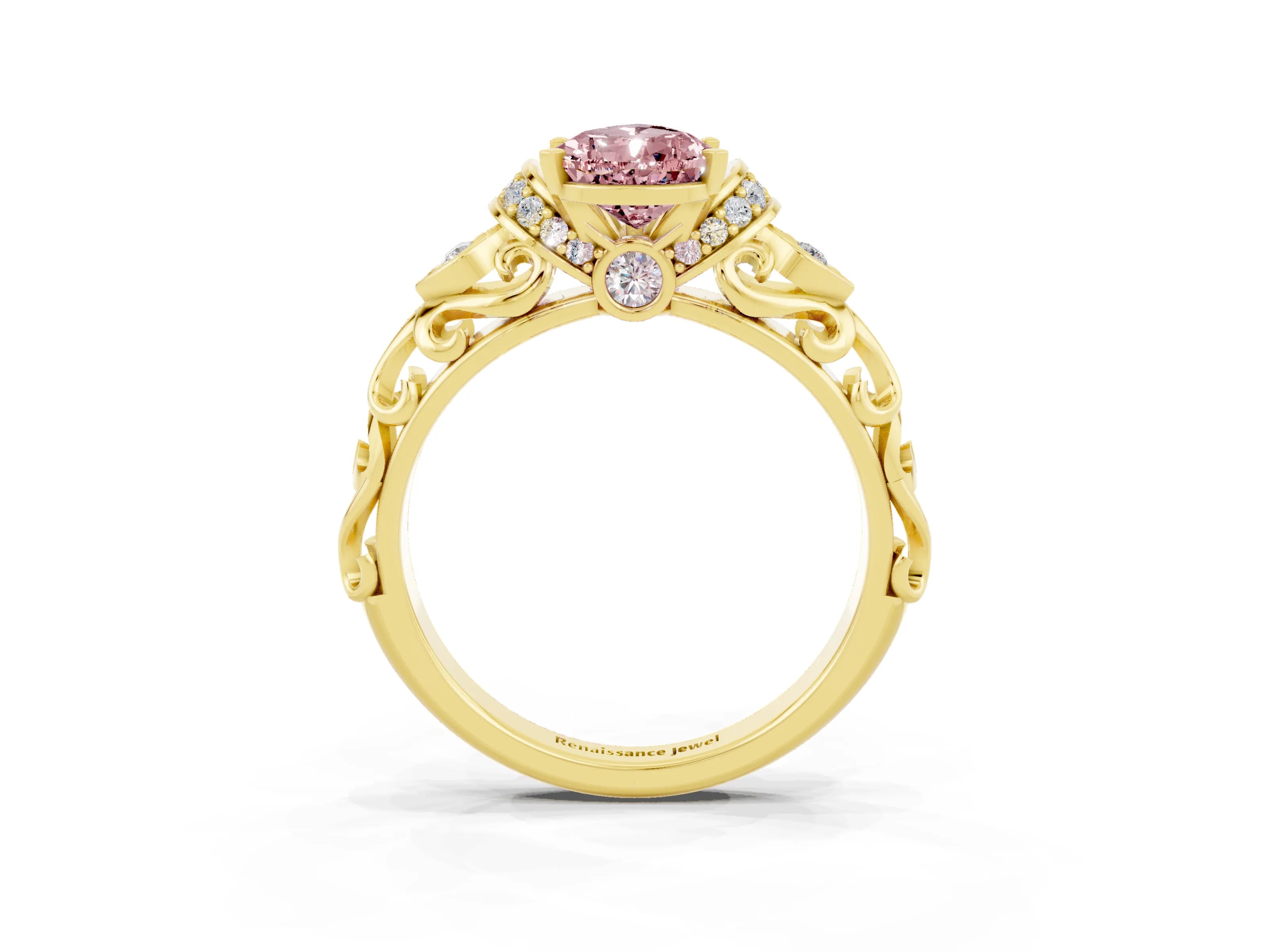 Yellow gold Pear Cut Morganite Solitaire Ring with Filigree Band and Four-Prong Setting_27