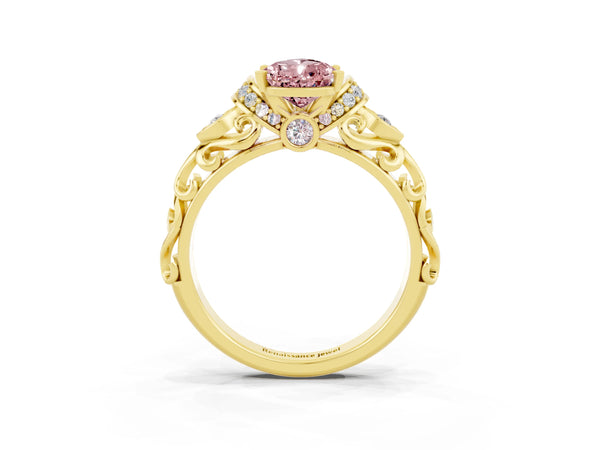 Yellow gold Pear Cut Morganite Solitaire Ring with Filigree Band and Four-Prong Setting