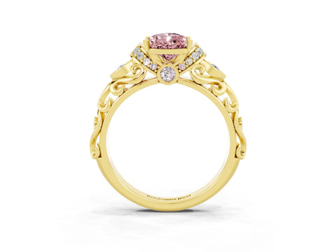 Yellow gold Pear Cut Morganite Solitaire Ring with Filigree Band and Four-Prong Setting_27