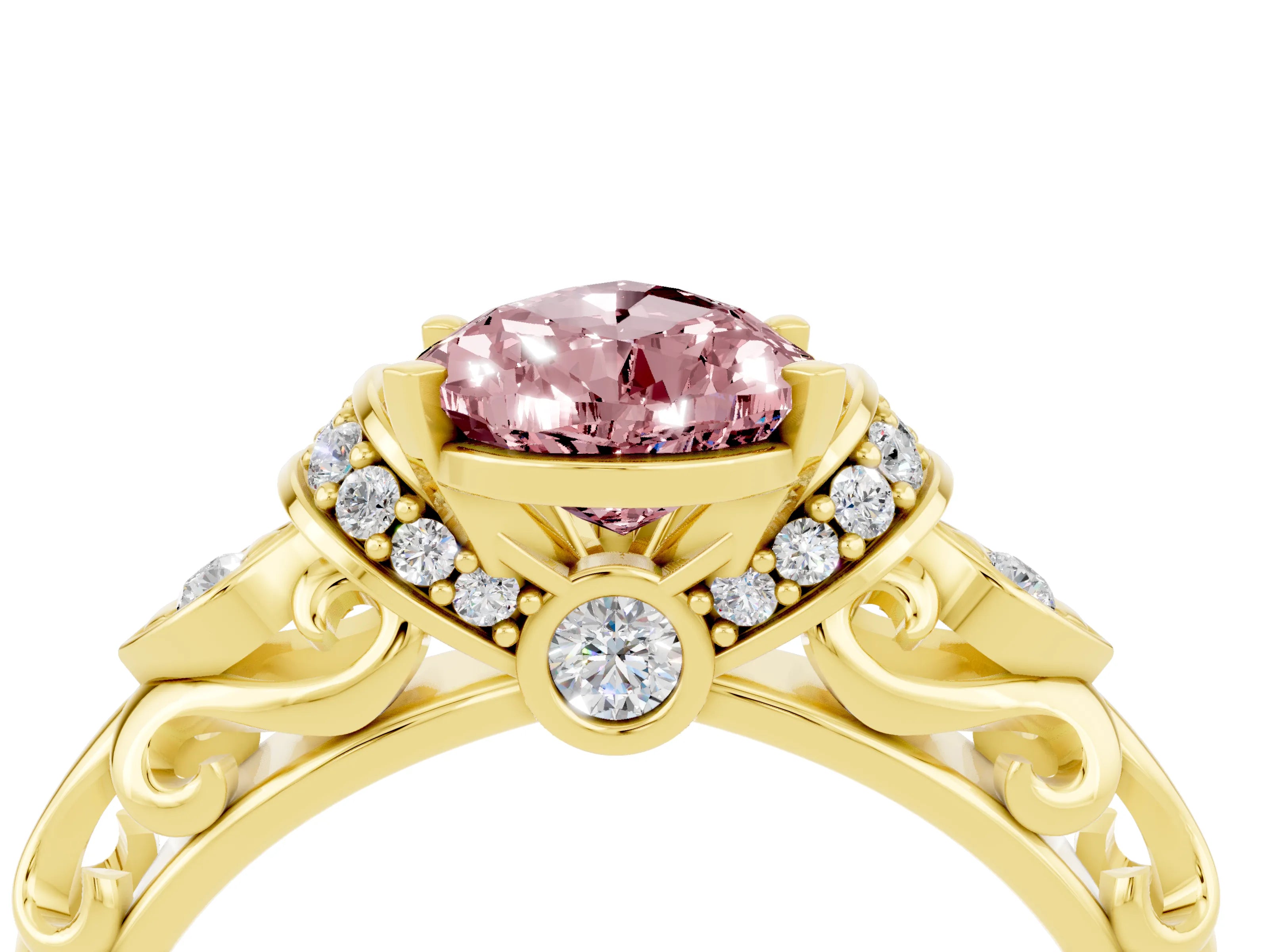 Yellow gold Pear Cut Morganite Solitaire Ring with Filigree Band and Four-Prong Setting_28