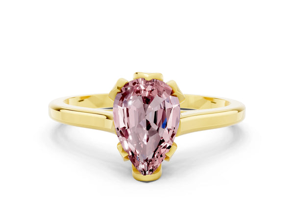 Yellow gold Pear Cut Morganite Solitaire Ring with Flower Prong Setting and Classic Band