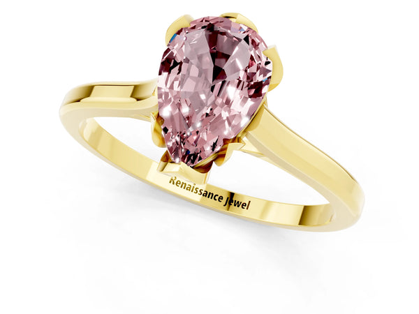 Yellow gold Pear Cut Morganite Solitaire Ring with Flower Prong Setting and Classic Band