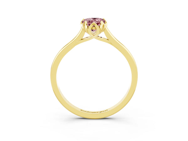 Yellow gold Pear Cut Morganite Solitaire Ring with Flower Prong Setting and Classic Band