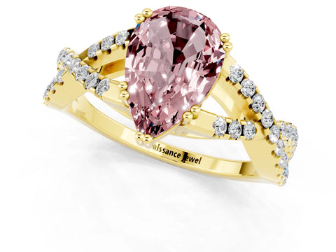 Yellow gold Pear Cut Morganite Solitaire Ring with Four-Prong Setting and Twisted Pavé Band_1