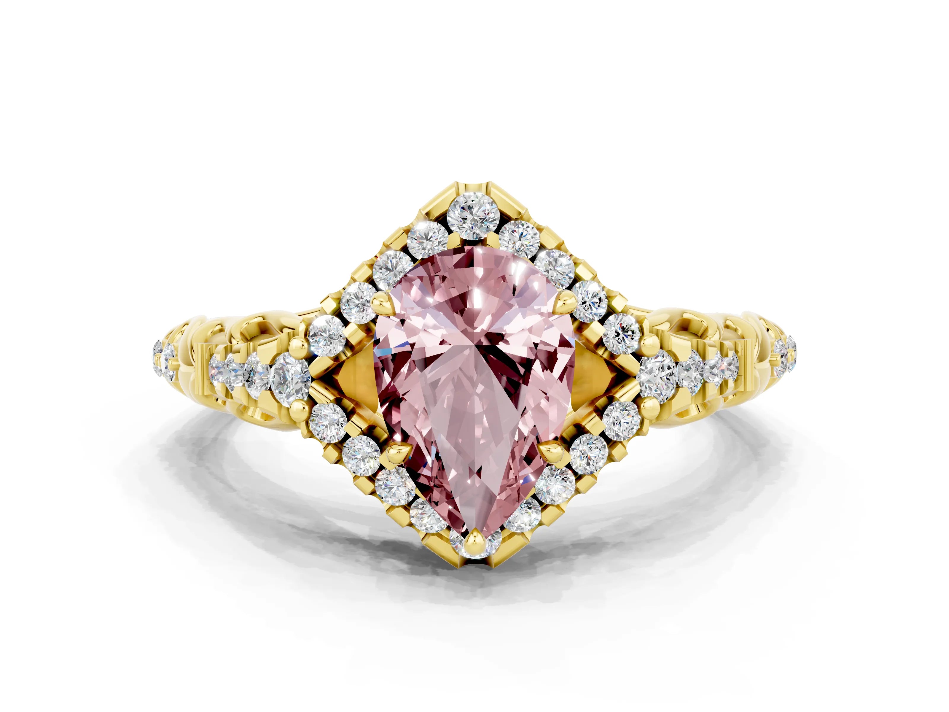 Yellow gold Pear Cut Morganite Solitaire Ring with Hidden Halo and Pavé Band_12