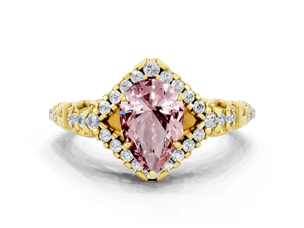 Yellow gold Pear Cut Morganite Solitaire Ring with Hidden Halo and Pavé Band