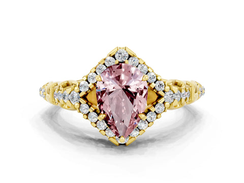 Yellow gold Pear Cut Morganite Solitaire Ring with Hidden Halo and Pavé Band_12