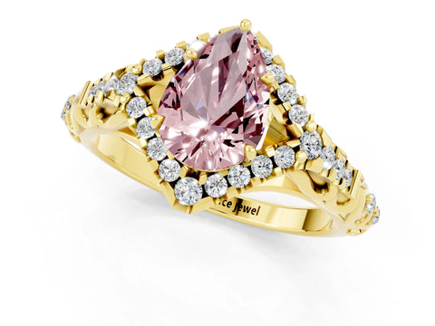 Yellow gold Pear Cut Morganite Solitaire Ring with Hidden Halo and Pavé Band_13