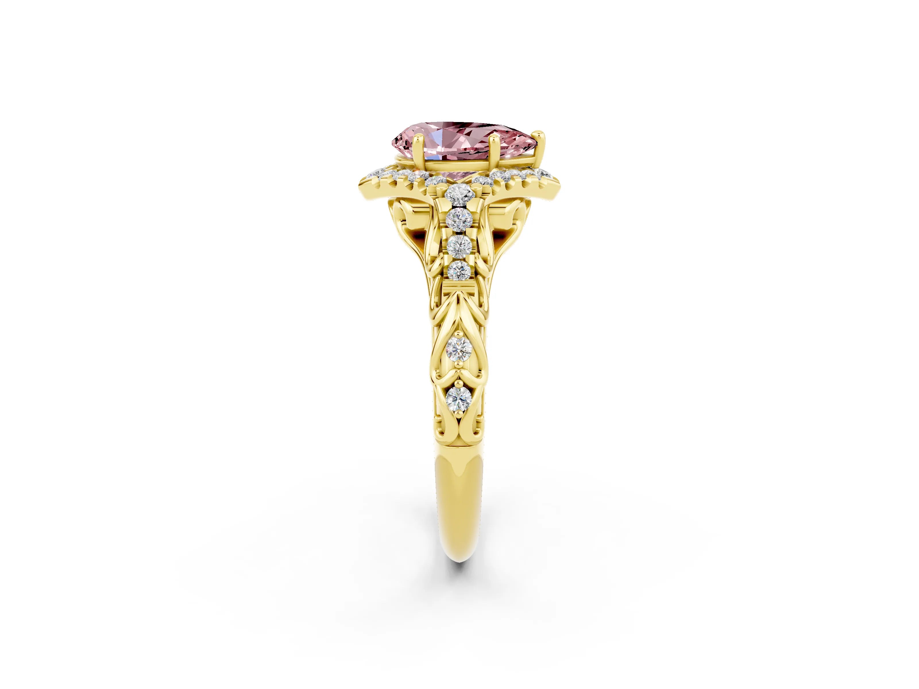 Yellow gold Pear Cut Morganite Solitaire Ring with Hidden Halo and Pavé Band_14