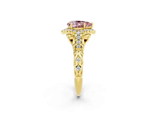 Yellow gold Pear Cut Morganite Solitaire Ring with Hidden Halo and Pavé Band