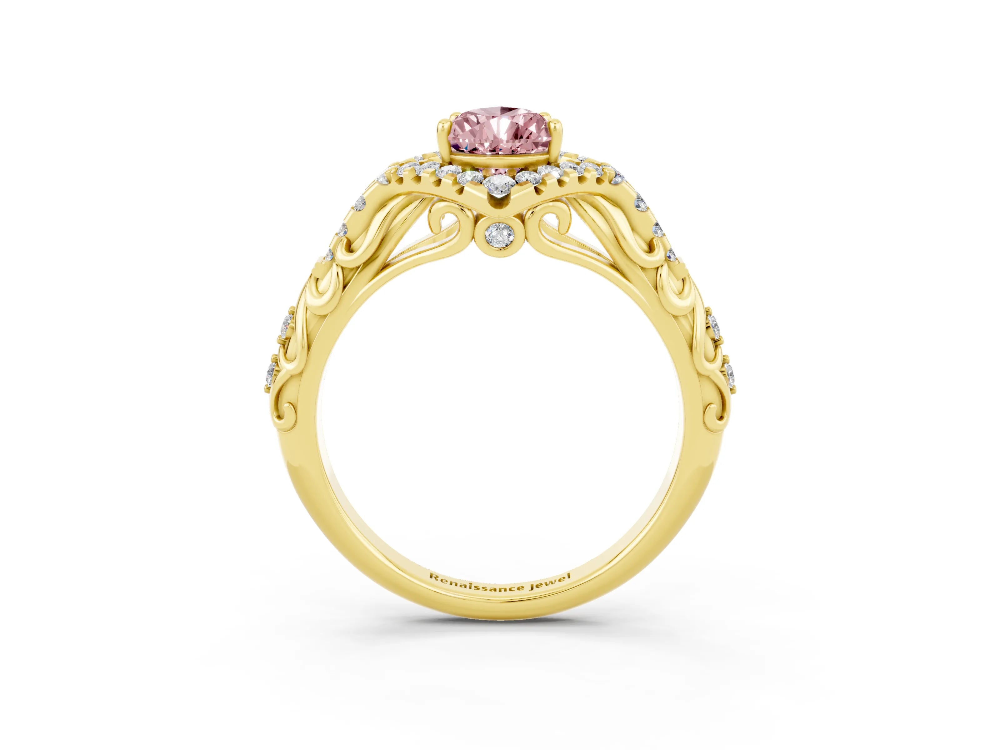 Yellow gold Pear Cut Morganite Solitaire Ring with Hidden Halo and Pavé Band_15