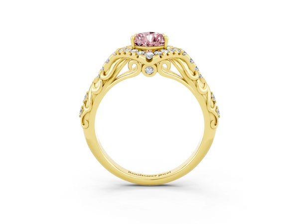 Yellow gold Pear Cut Morganite Solitaire Ring with Hidden Halo and Pavé Band