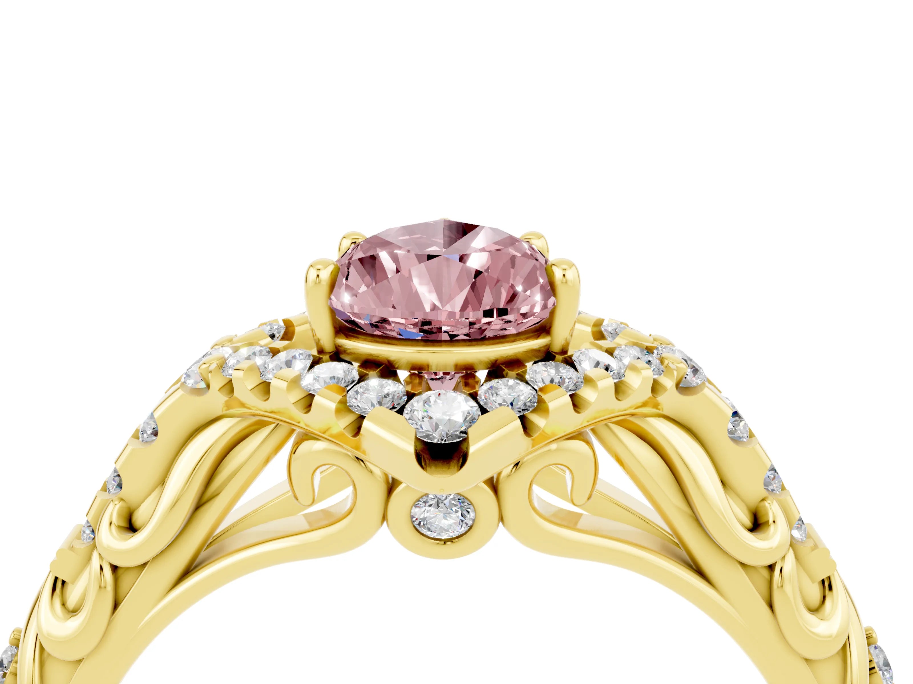 Yellow gold Pear Cut Morganite Solitaire Ring with Hidden Halo and Pavé Band_16