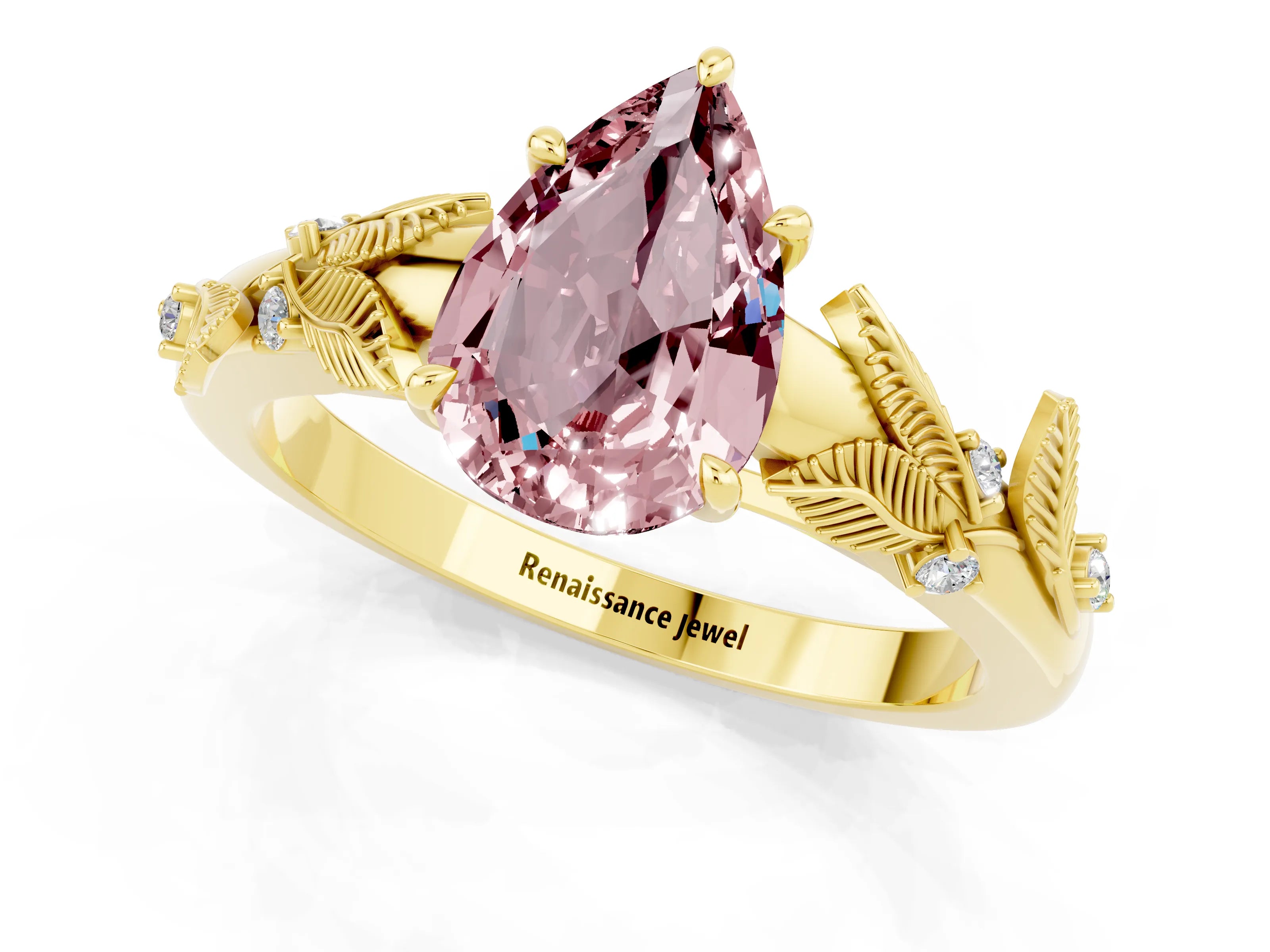 Yellow gold Pear Cut Morganite Solitaire Ring with Leaf Motif Band and Four-Prong Setting_1
