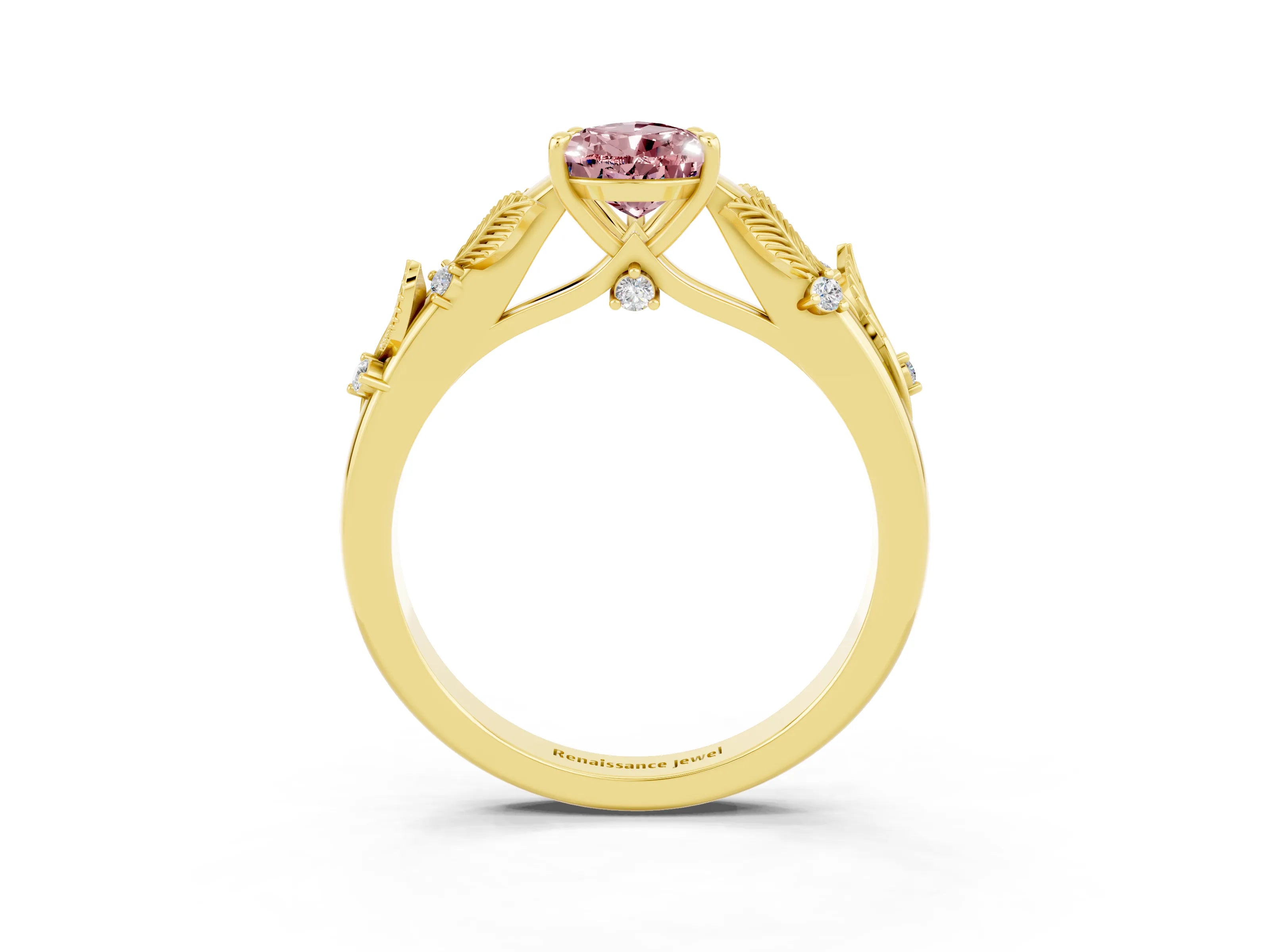 Yellow gold Pear Cut Morganite Solitaire Ring with Leaf Motif Band and Four-Prong Setting_3
