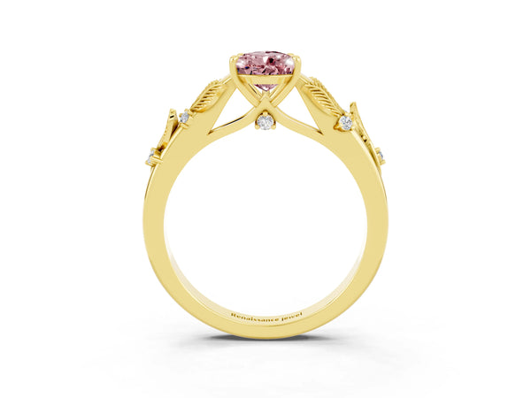 Yellow gold Pear Cut Morganite Solitaire Ring with Leaf Motif Band and Four-Prong Setting