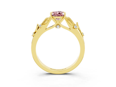 Yellow gold Pear Cut Morganite Solitaire Ring with Leaf Motif Band and Four-Prong Setting_3