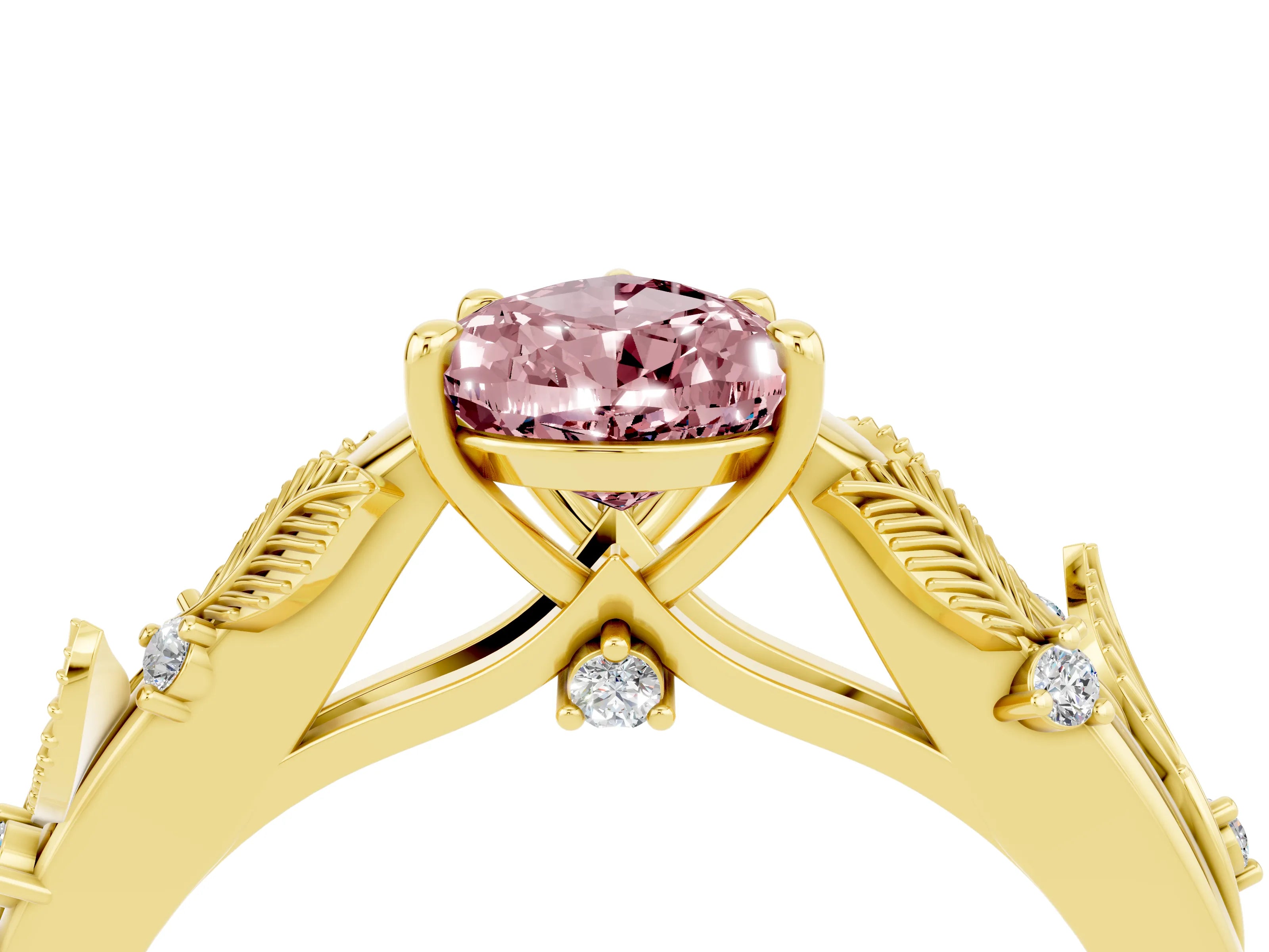 Yellow gold Pear Cut Morganite Solitaire Ring with Leaf Motif Band and Four-Prong Setting_4