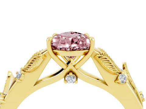 Yellow gold Pear Cut Morganite Solitaire Ring with Leaf Motif Band and Four-Prong Setting_4