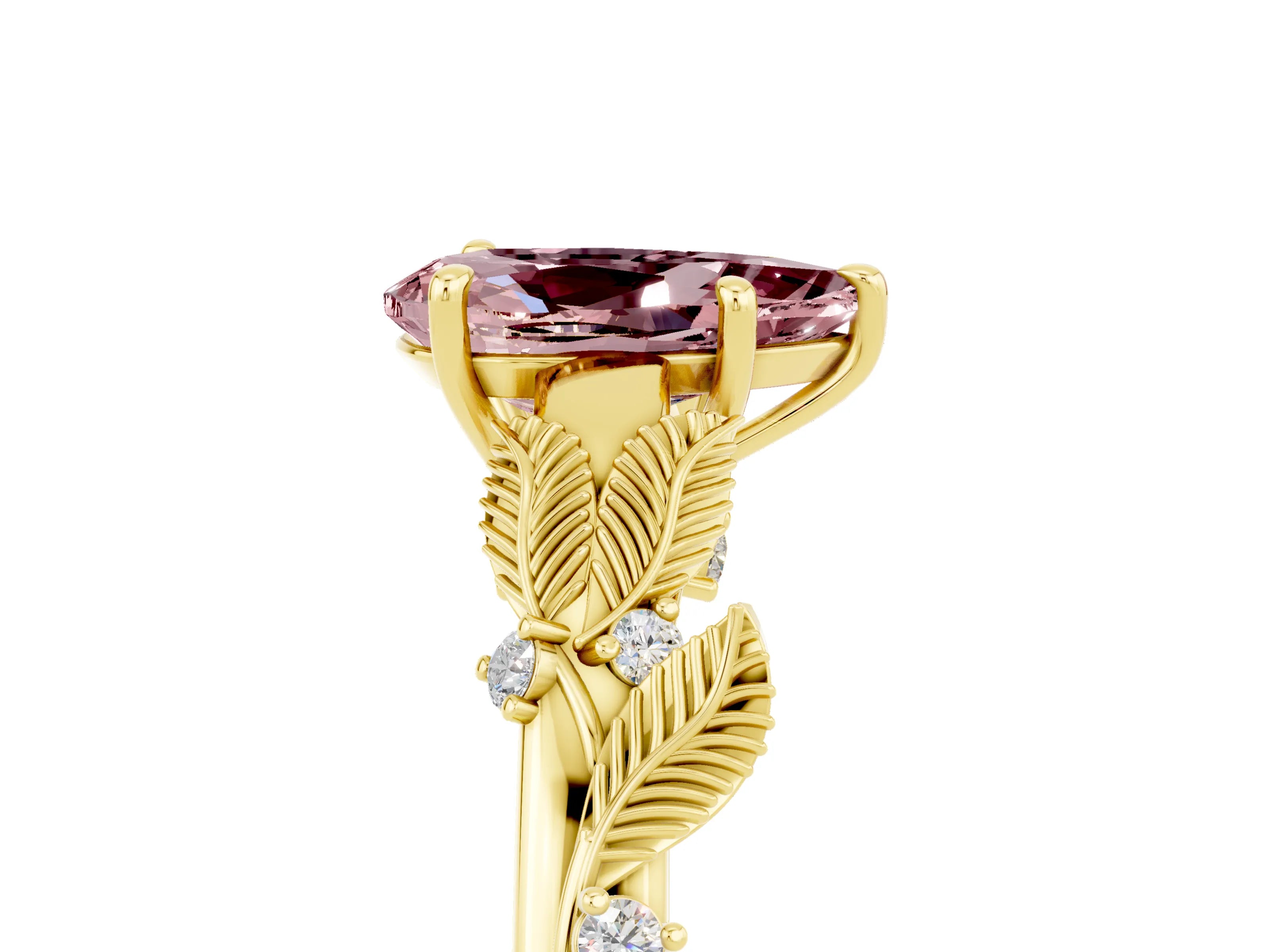 Yellow gold Pear Cut Morganite Solitaire Ring with Leaf Motif Band and Four-Prong Setting_5