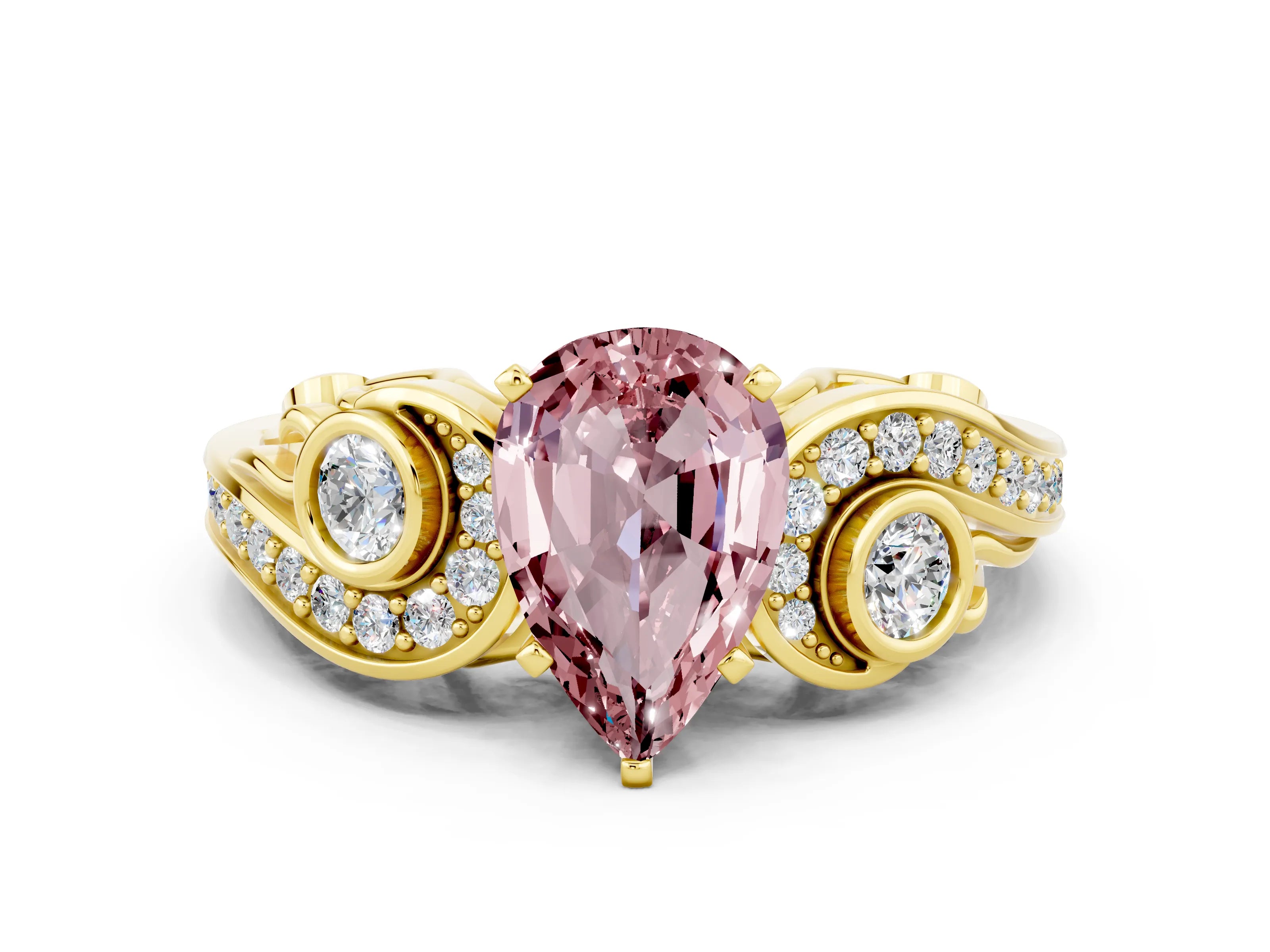Yellow gold Pear Cut Morganite Solitaire Ring with Milgrain Pavé Band and Four-Prong Setting_24