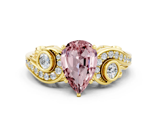 Yellow gold Pear Cut Morganite Solitaire Ring with Milgrain Pavé Band and Four-Prong Setting