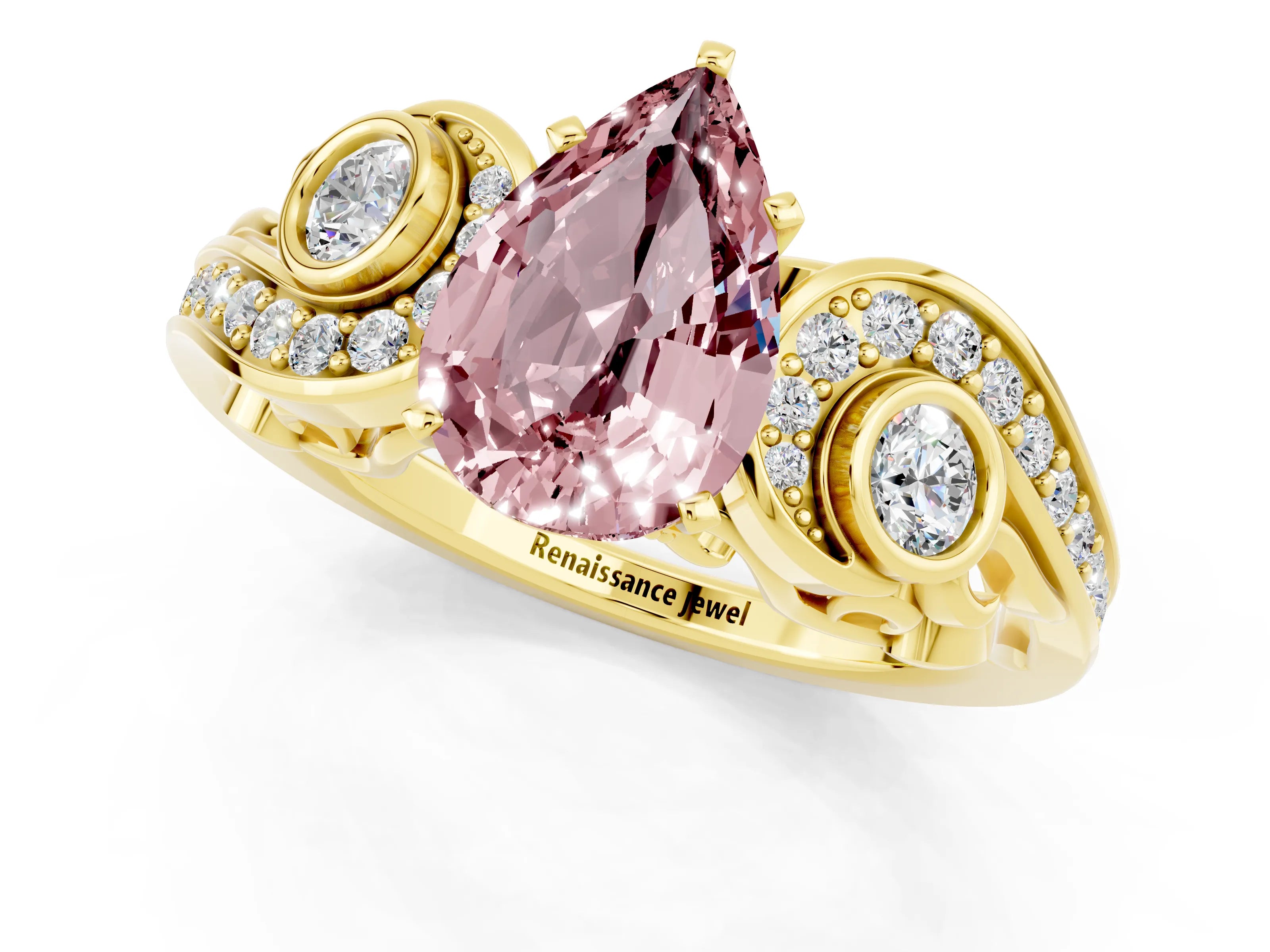 Yellow gold Pear Cut Morganite Solitaire Ring with Milgrain Pavé Band and Four-Prong Setting_25
