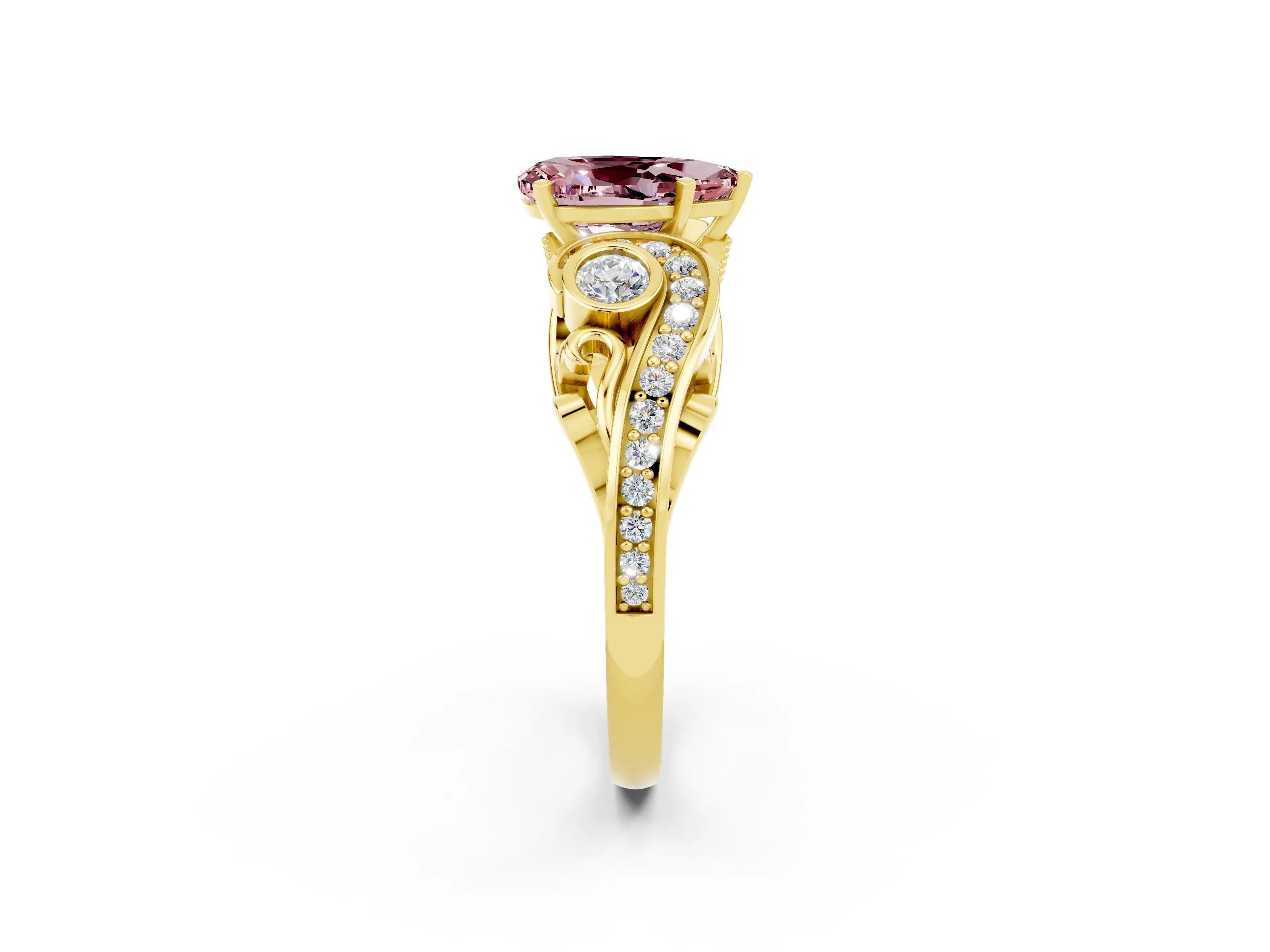 Yellow gold Pear Cut Morganite Solitaire Ring with Milgrain Pavé Band and Four-Prong Setting_26