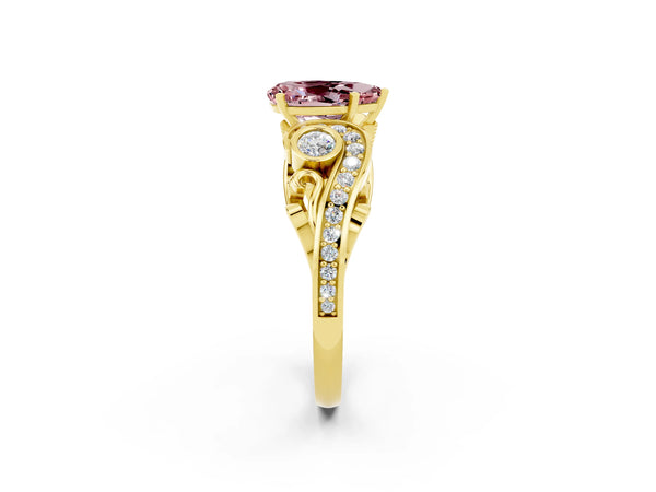 Yellow gold Pear Cut Morganite Solitaire Ring with Milgrain Pavé Band and Four-Prong Setting