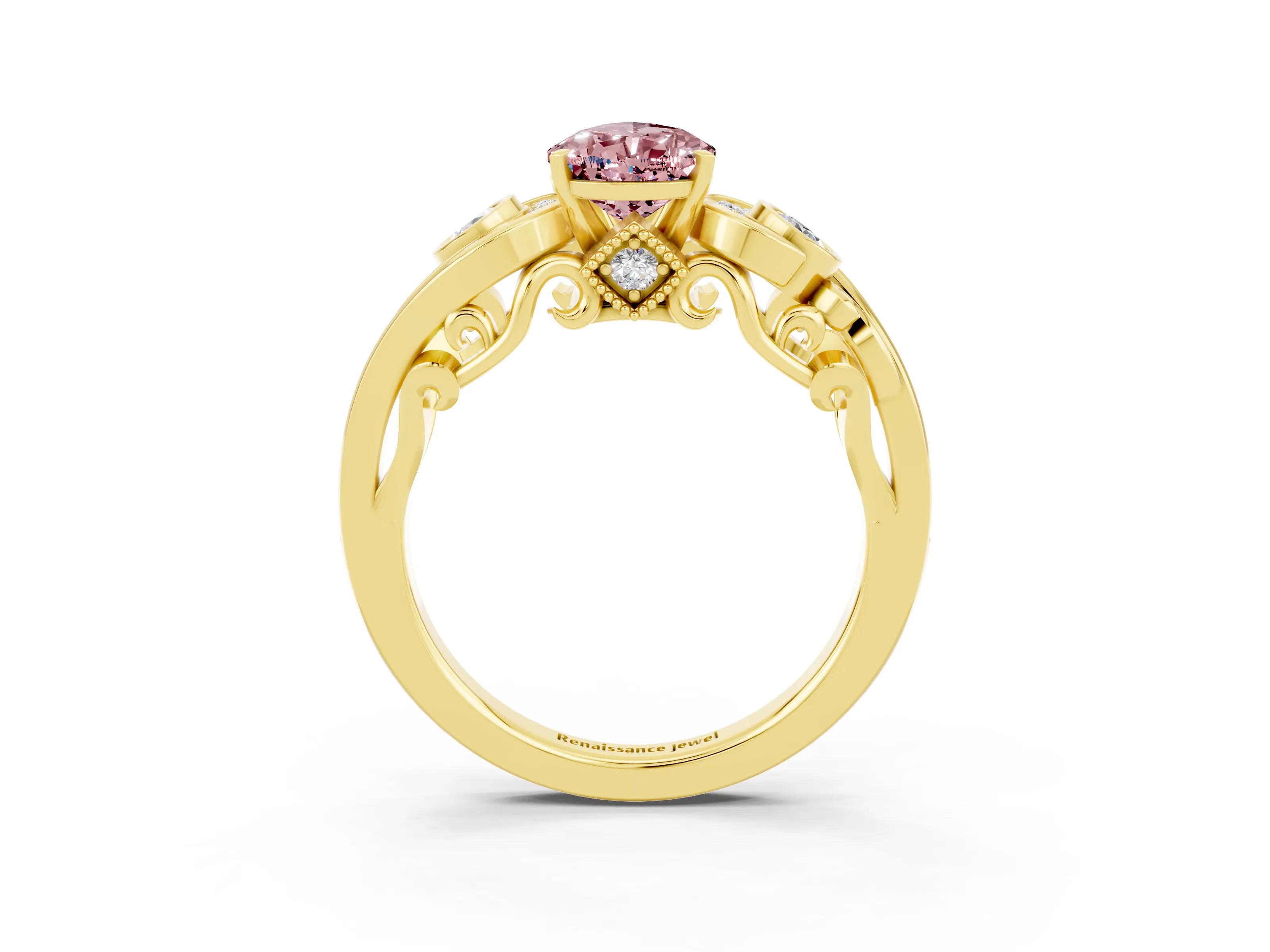 Yellow gold Pear Cut Morganite Solitaire Ring with Milgrain Pavé Band and Four-Prong Setting_27