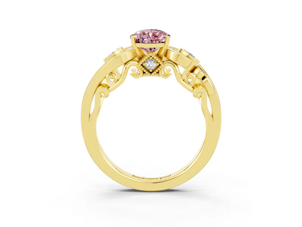 Yellow gold Pear Cut Morganite Solitaire Ring with Milgrain Pavé Band and Four-Prong Setting