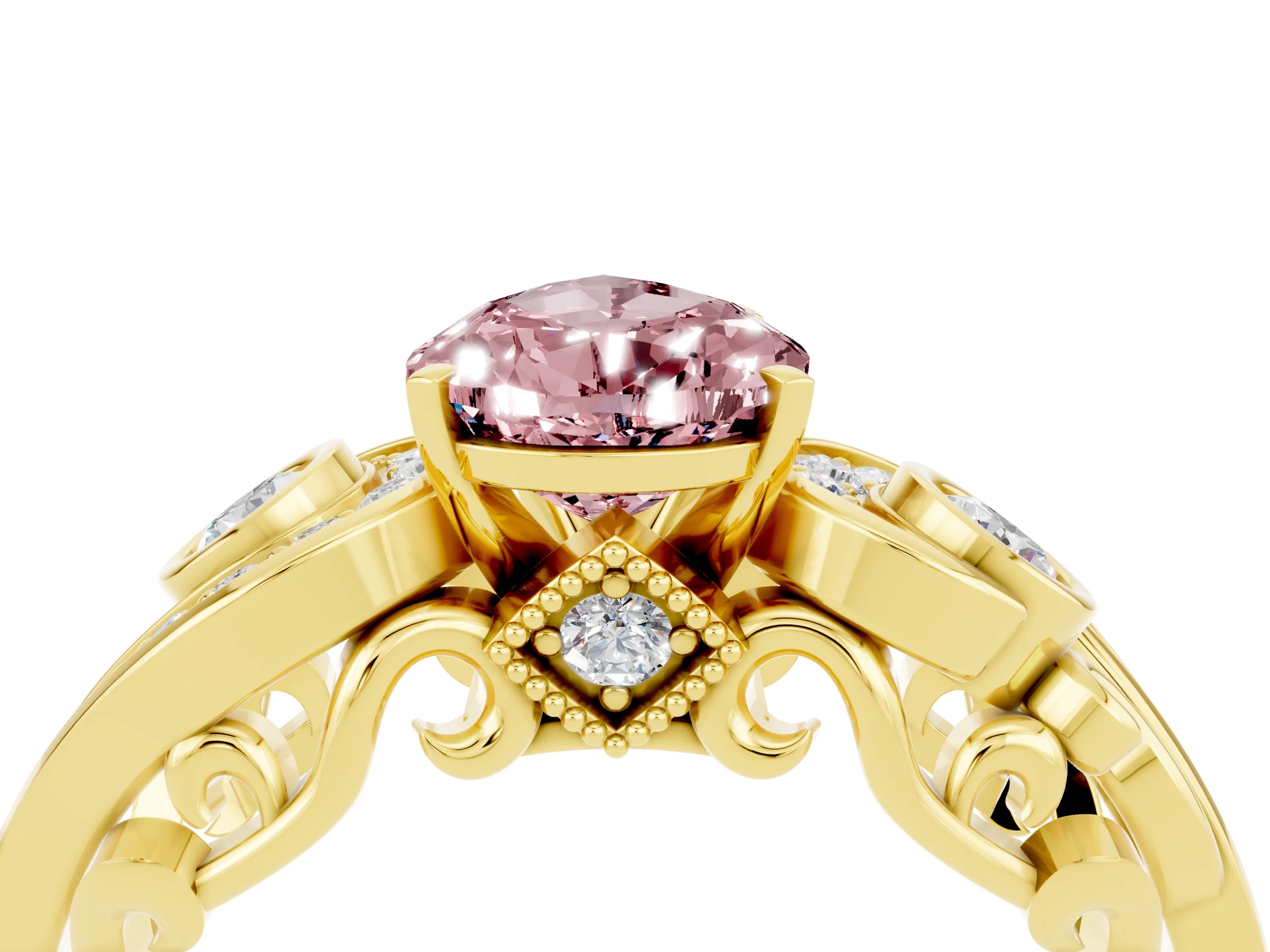 Yellow gold Pear Cut Morganite Solitaire Ring with Milgrain Pavé Band and Four-Prong Setting_28