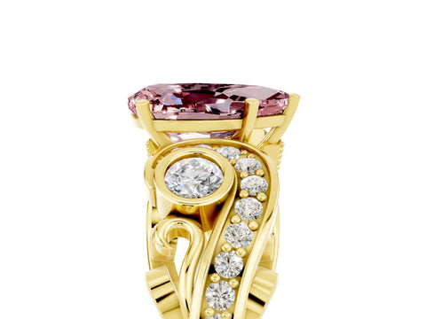 Yellow gold Pear Cut Morganite Solitaire Ring with Milgrain Pavé Band and Four-Prong Setting_29