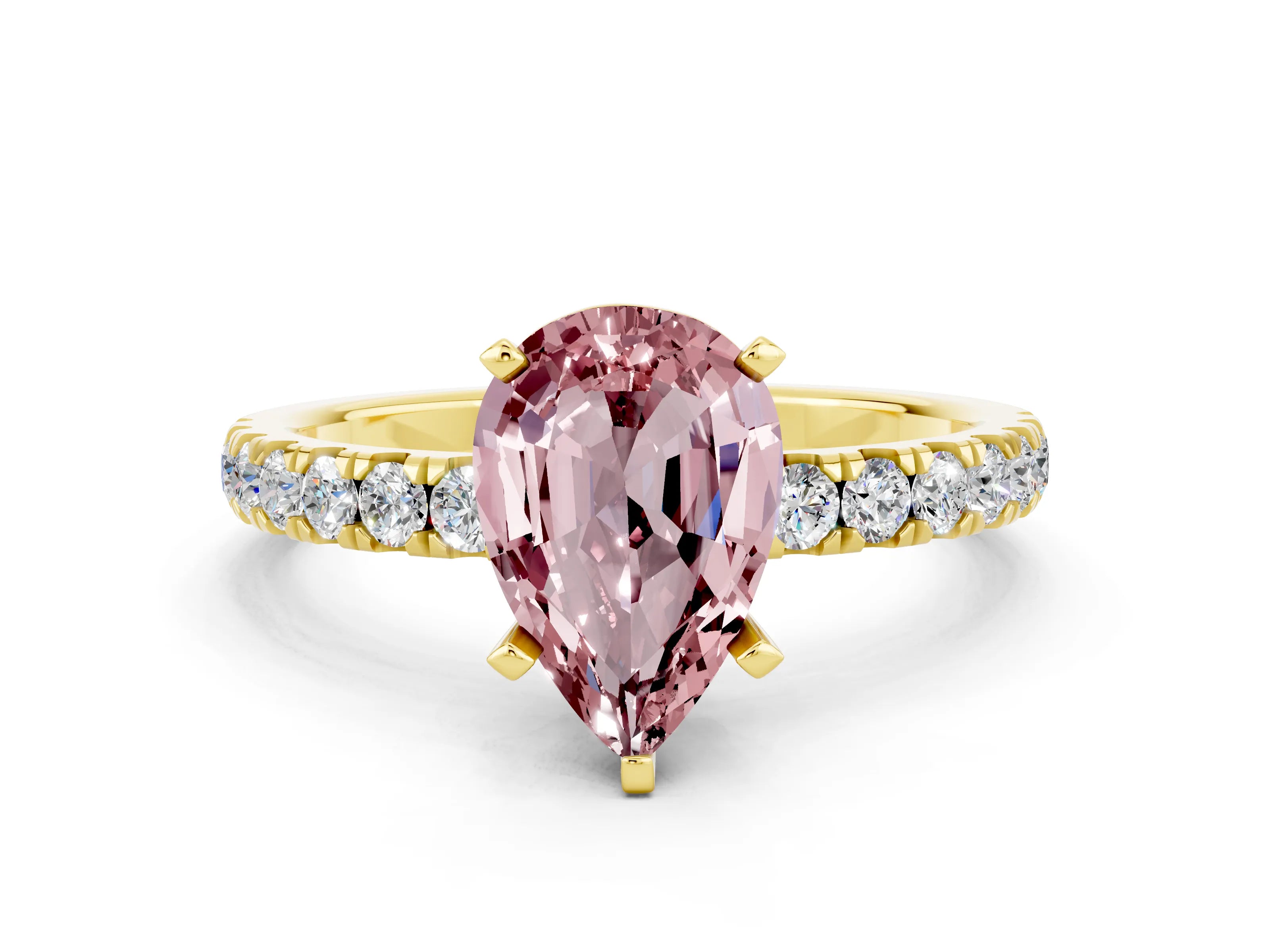 Yellow gold Pear Cut Morganite Solitaire Ring with Pavé Accents and Four-Prong Setting