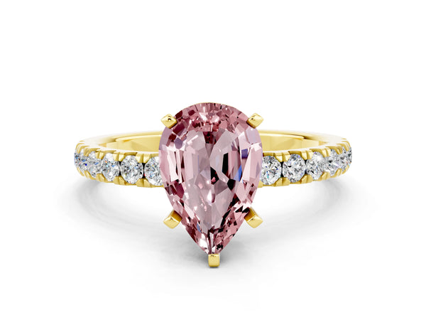 Yellow gold Pear Cut Morganite Solitaire Ring with Pavé Accents and Four-Prong Setting