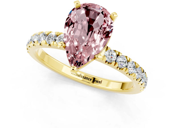 Yellow gold Pear Cut Morganite Solitaire Ring with Pavé Accents and Four-Prong Setting