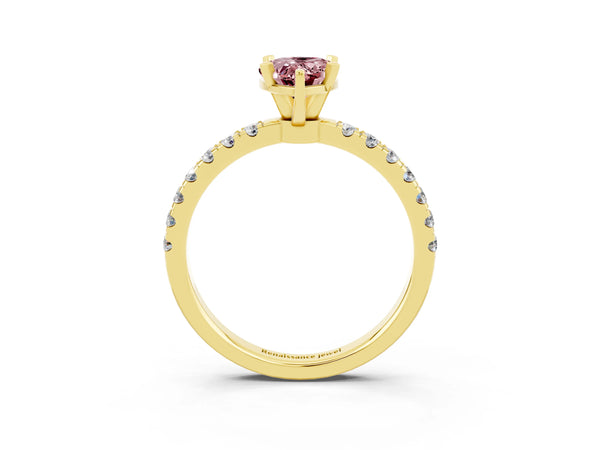 Yellow gold Pear Cut Morganite Solitaire Ring with Pavé Accents and Four-Prong Setting